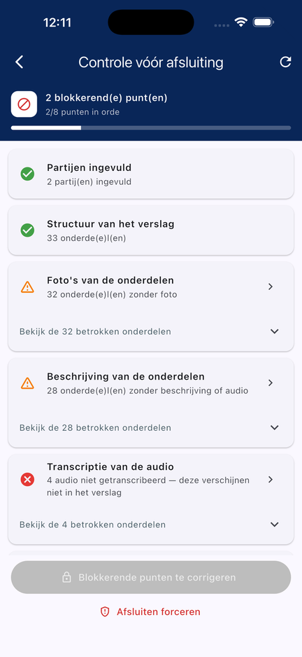 Controle vóór afsluiting